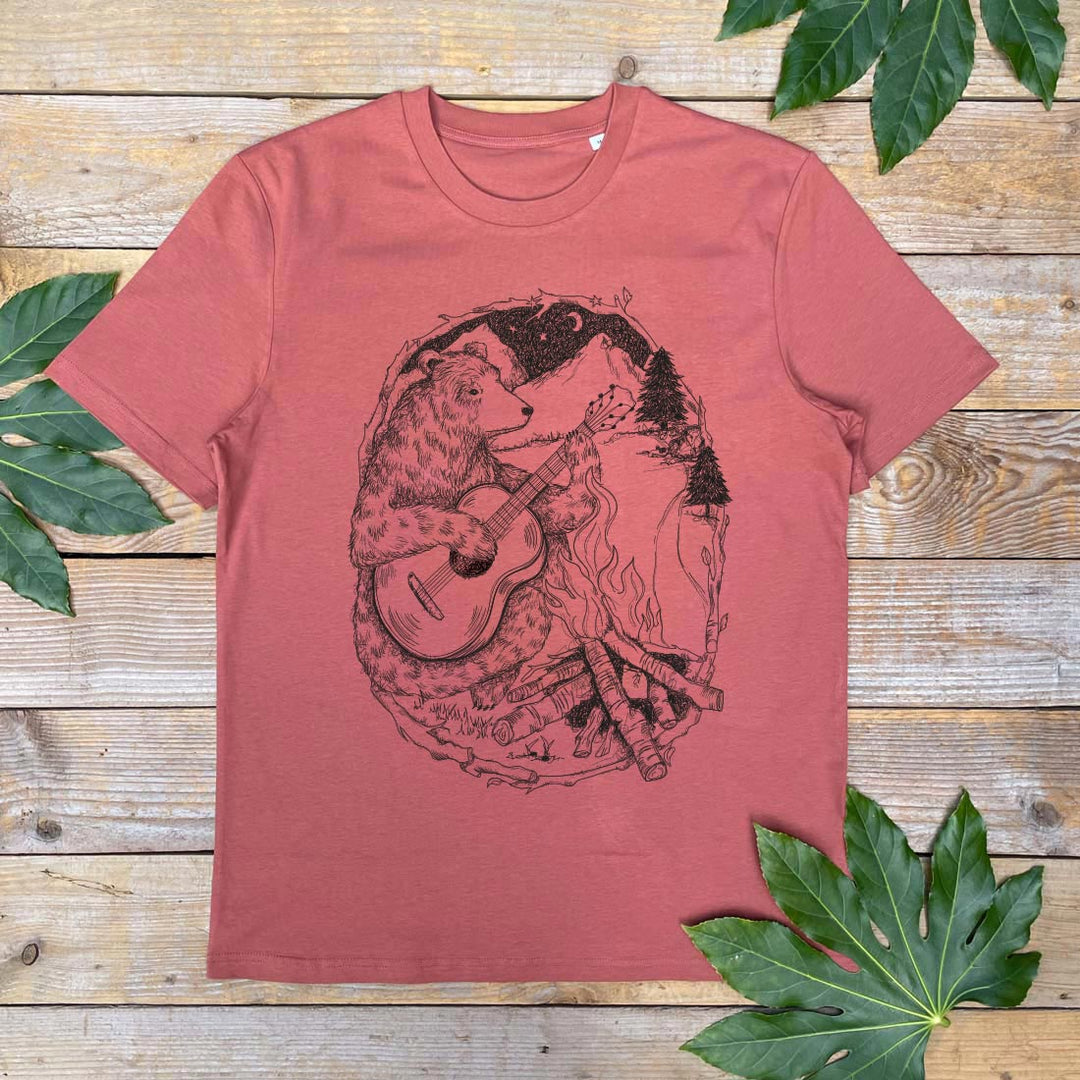 brown tee with bear and campfire