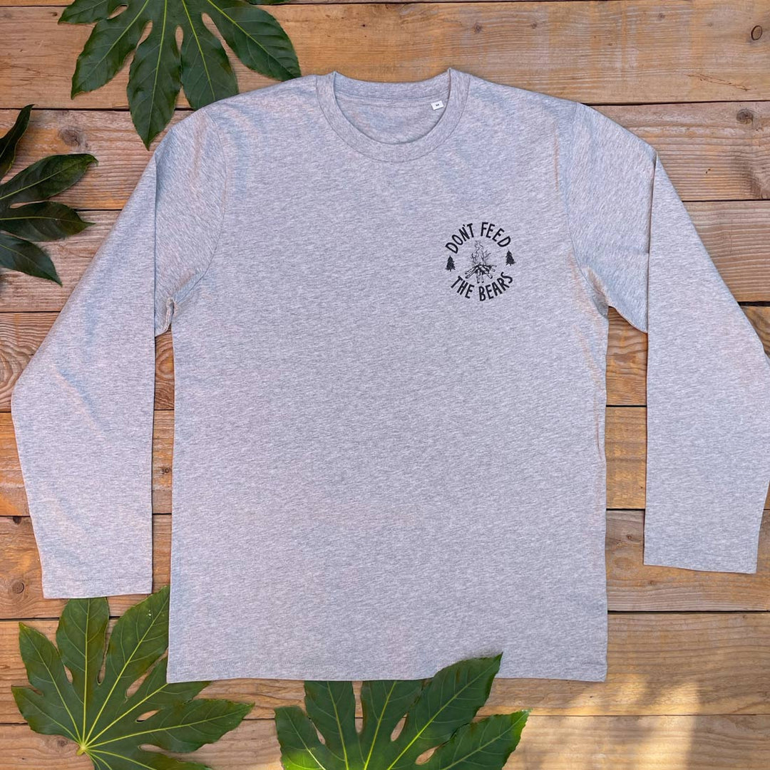 grey tee with campfire logo