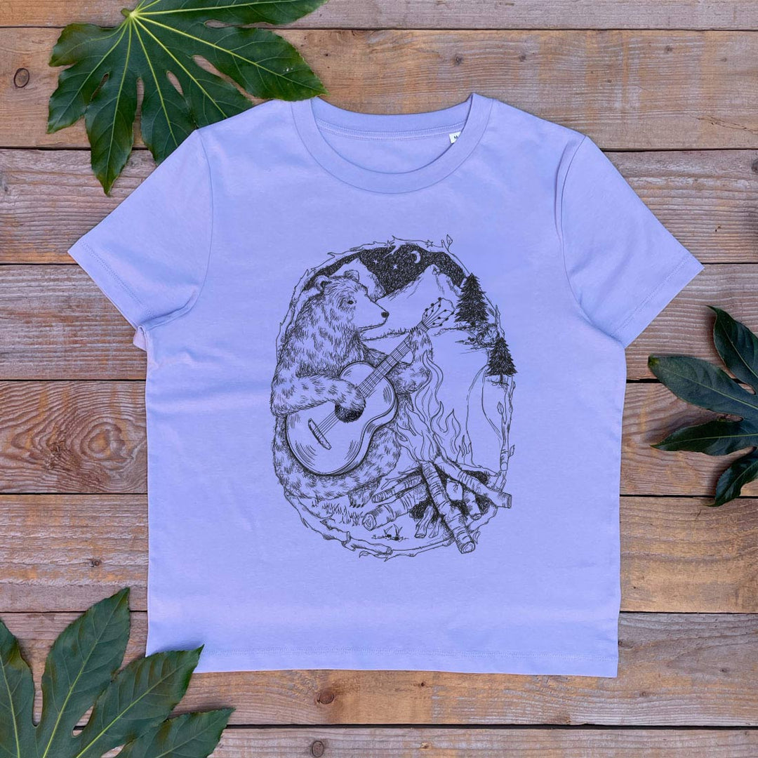 lilac tee with bear and campfire design