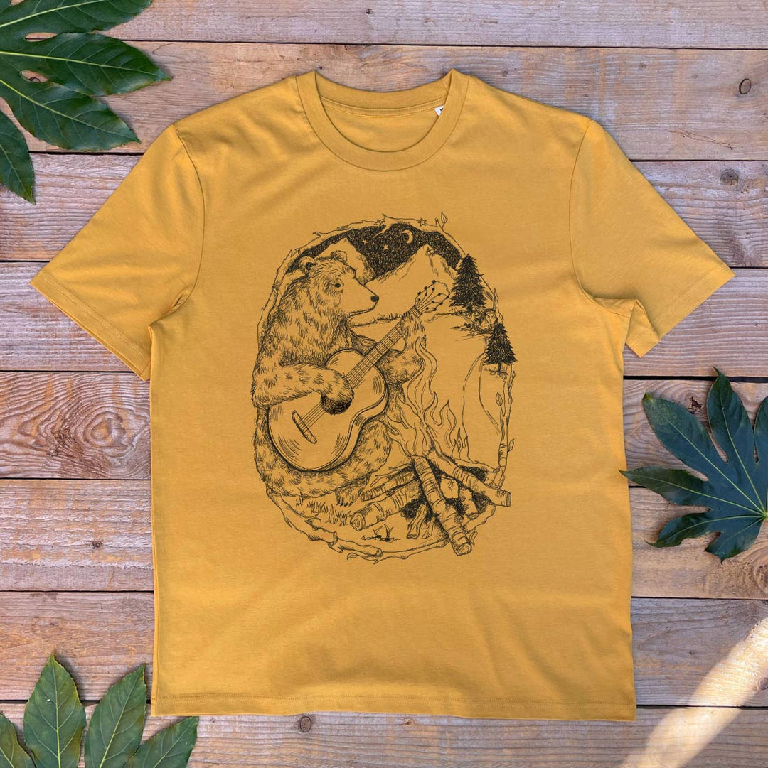 mustard tee with bear playing guitar