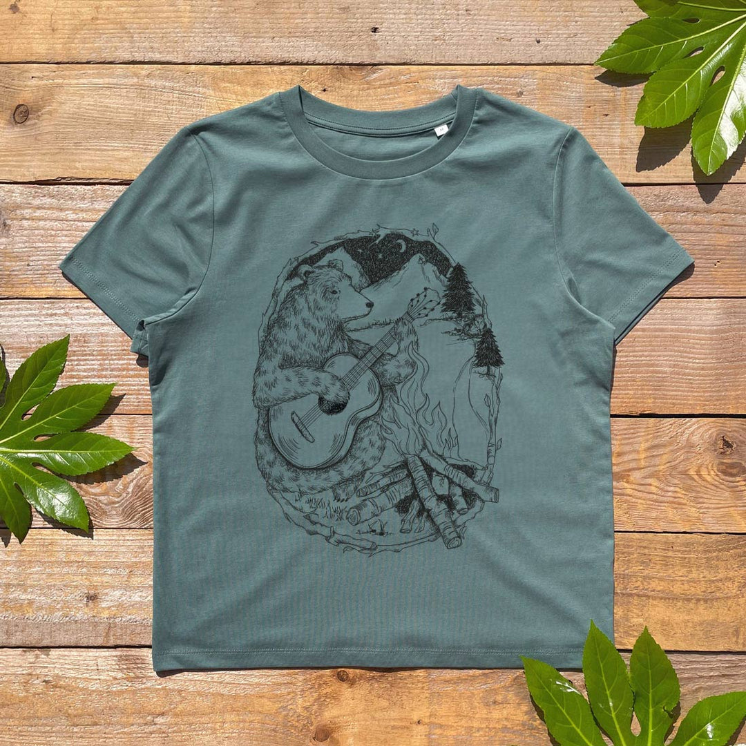 womens tee with bear and campfire