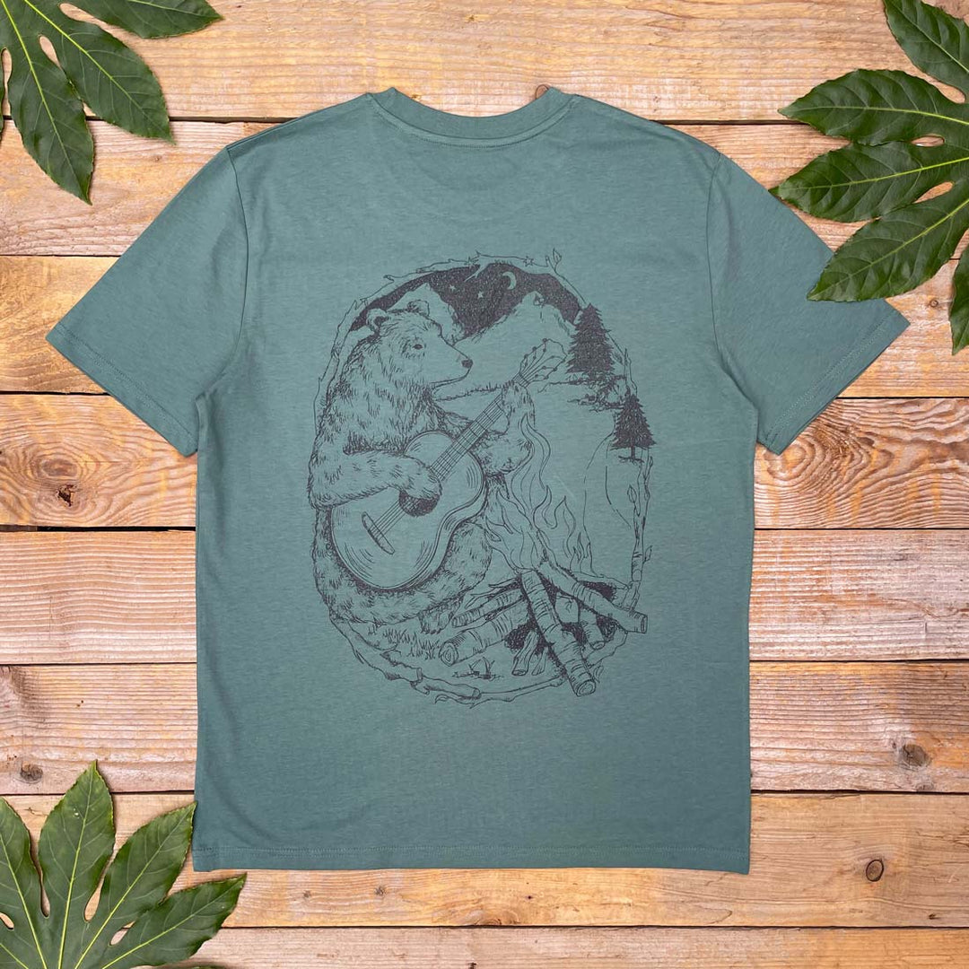 bear sat around a campfire tee