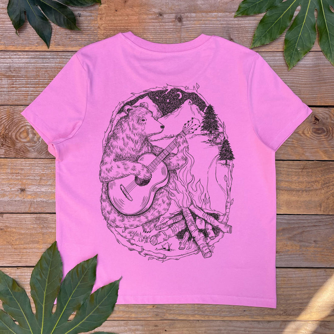pink tee with bear and gutair design