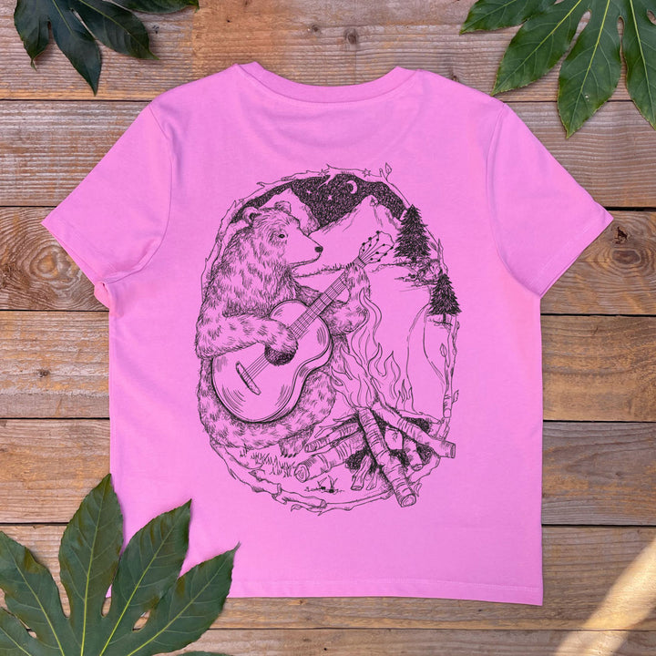 pink tee with bear and gutair design