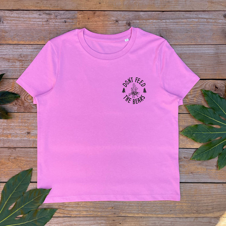 pink tee with campfire logo