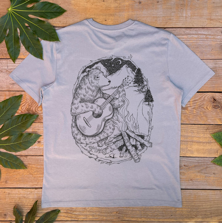 grey tee with mountain scene and bear sat around campfire