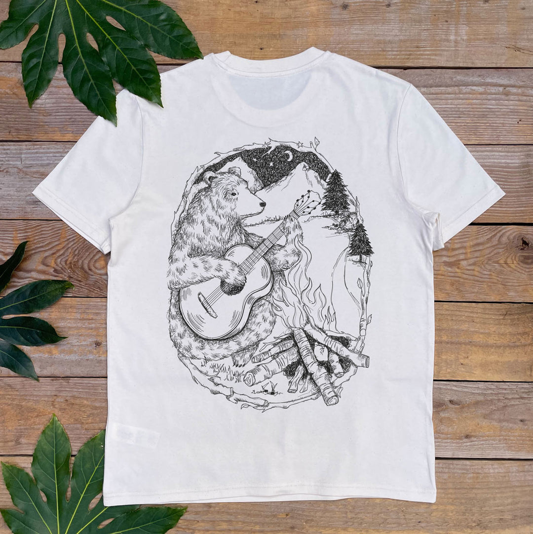 tshirt with bear playing guitar in the mountains 