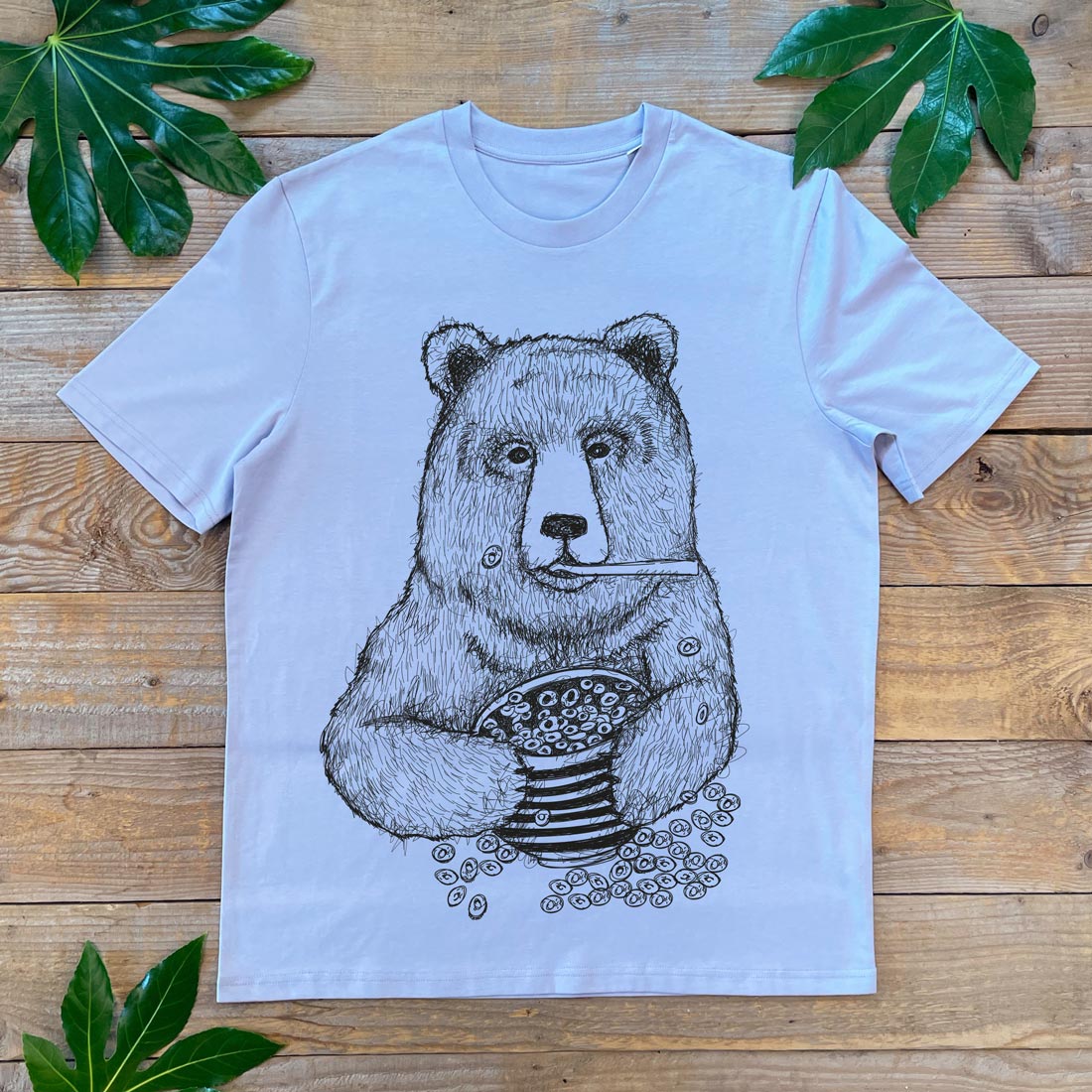 bear eating cereal lilac tshirt