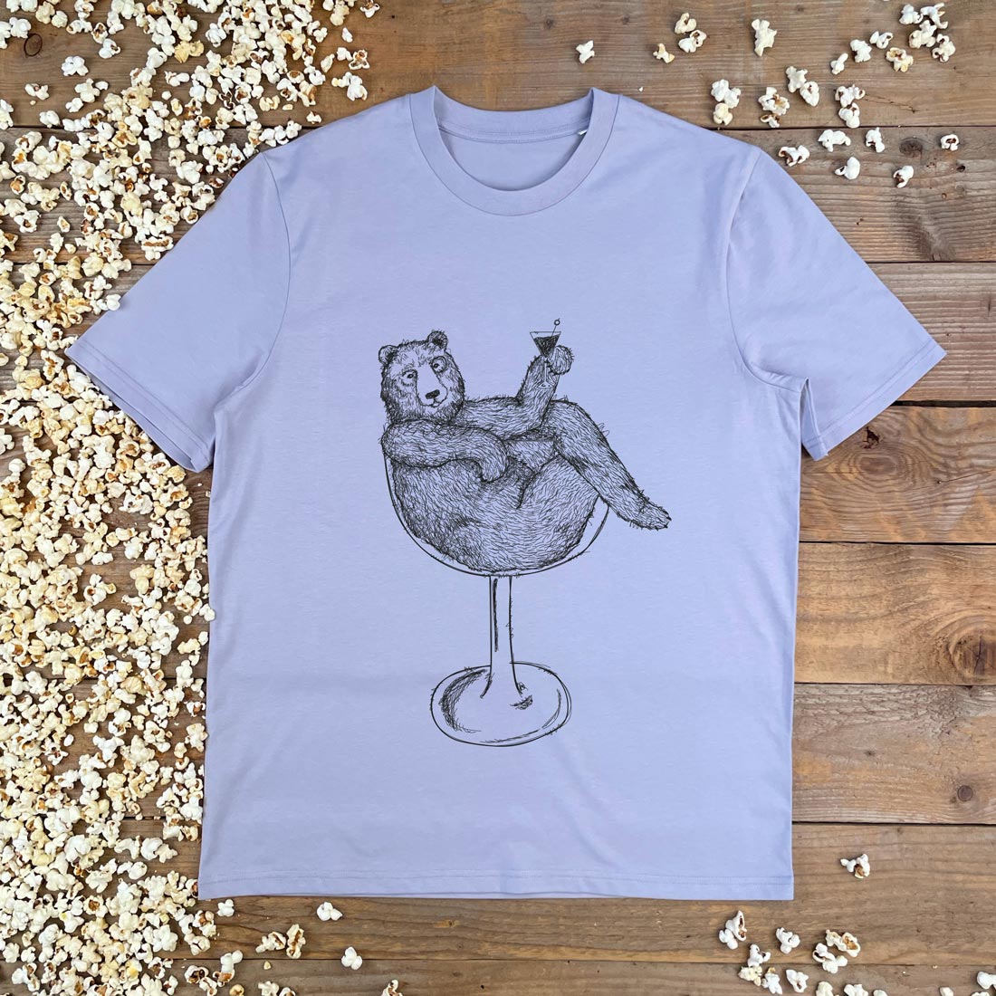 bear sat in cocktail glass lilac tshirt