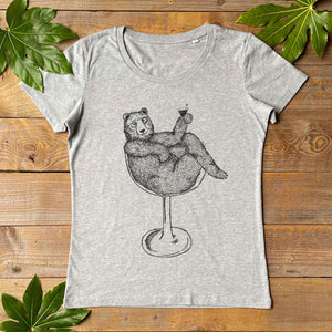 bear sat in wine glass grey tshirt