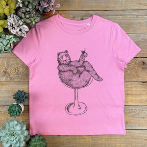PINK SCOOP TSHIRT WITH BEAR SAT IN COCKTAIL GLASS