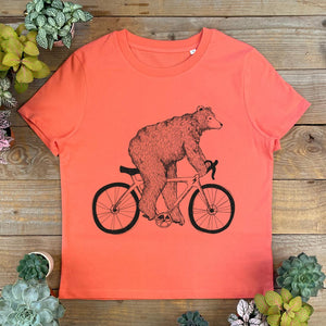 bear riding a racer bike orange womens tshirt