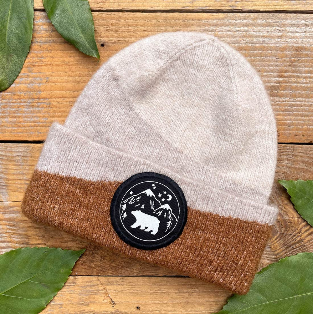brown beanie hat with bear patch
