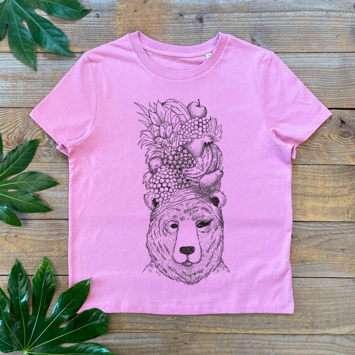 pink tee with bear and tropical fruit