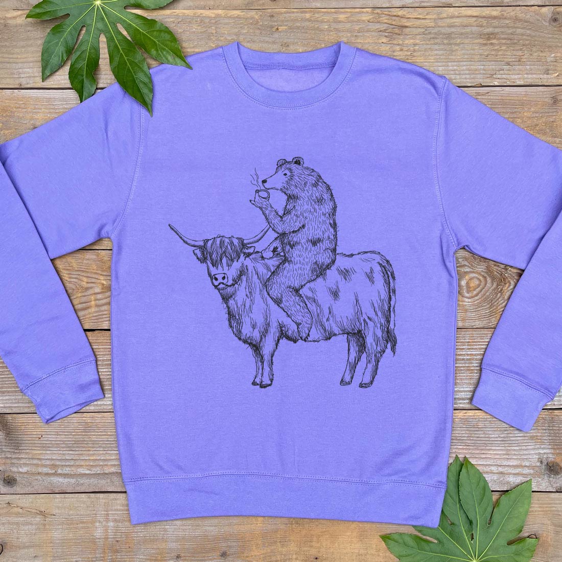 bear and highland cow purple jumper