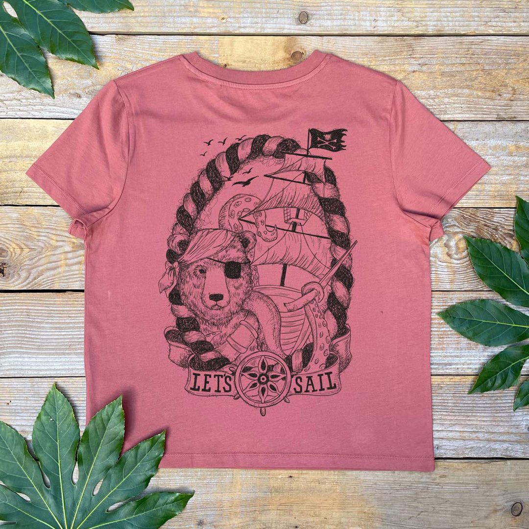 brown tshirt with bear and pirate ship print