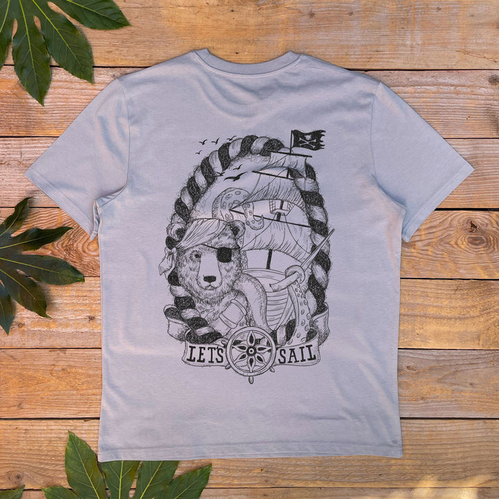 grey tshirt laid flat with bear and ship design