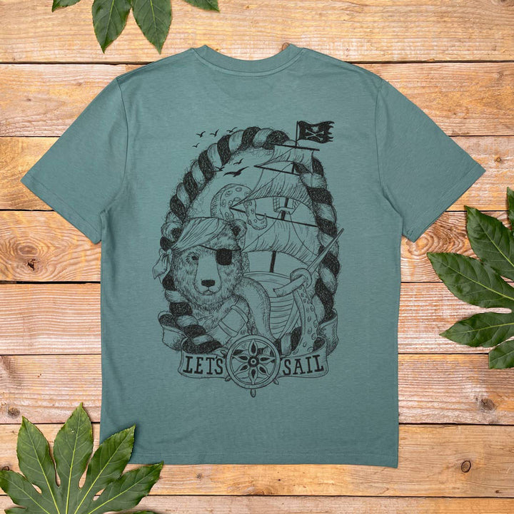 green tee with bear and pirate ship design