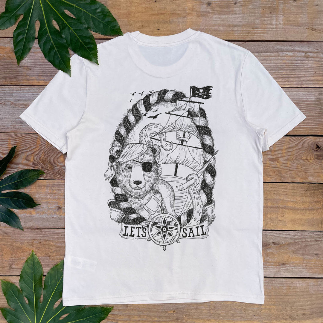 off white tee with handprinted bear design