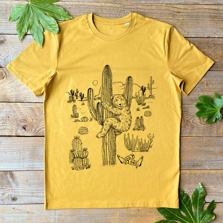 mustard tee with bear and cactus