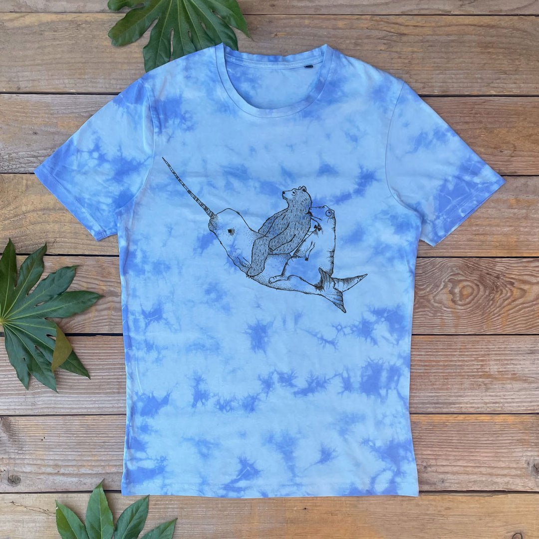blue tie dye tee with narwhal and bear