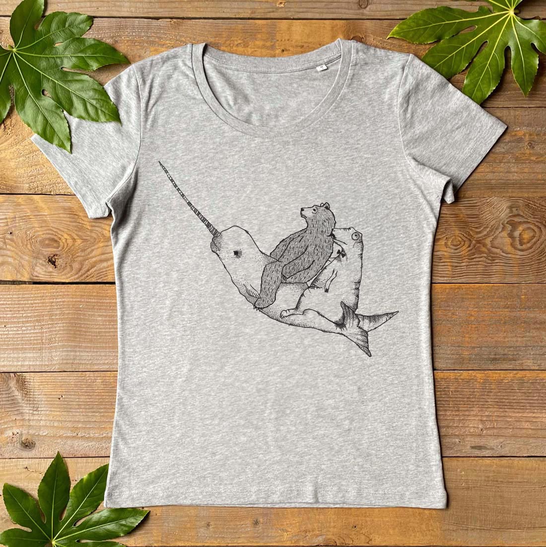 bear and dino riding a narwhal grey womens tee