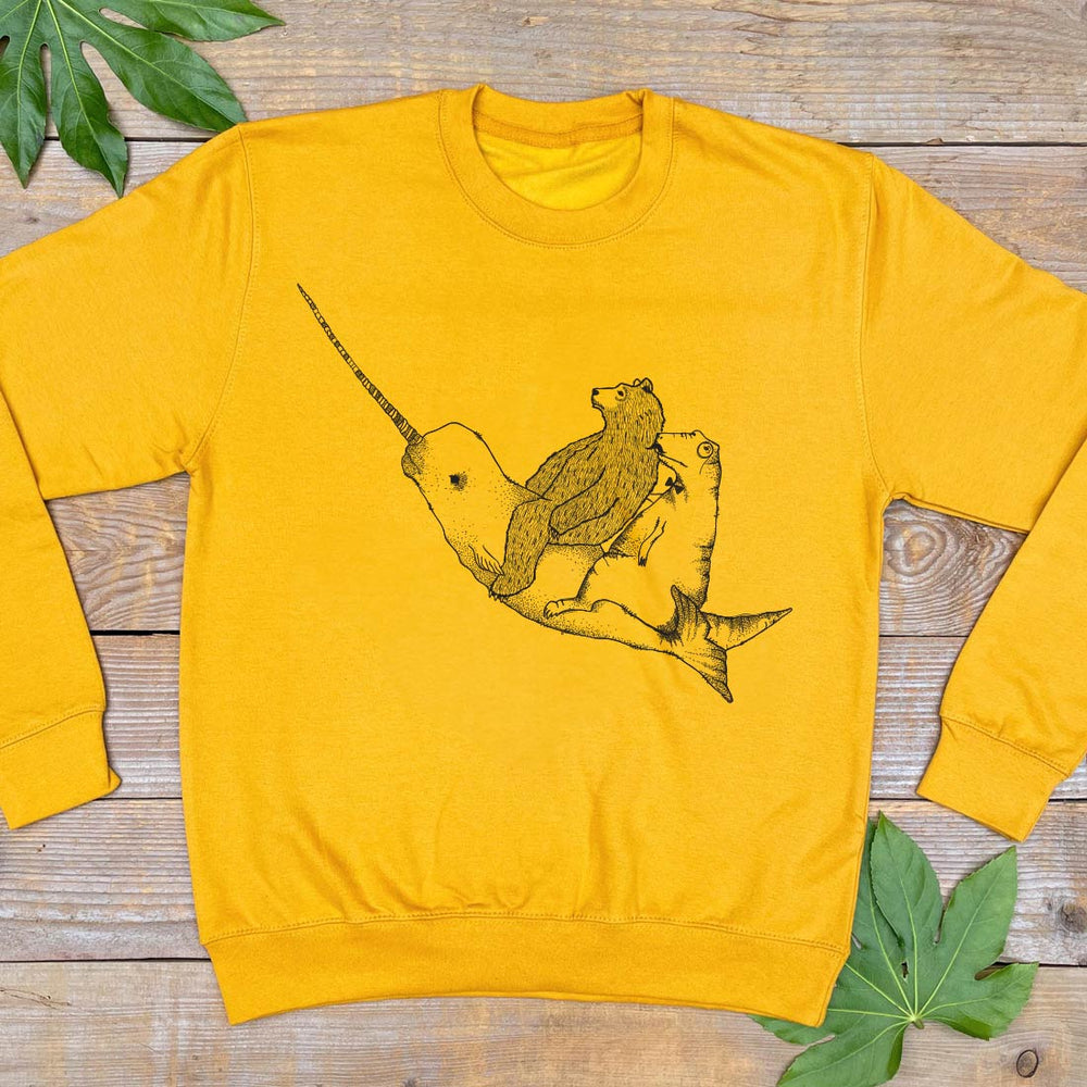 BEAR AND DINO RIDING A NARWHAL JUMPER
