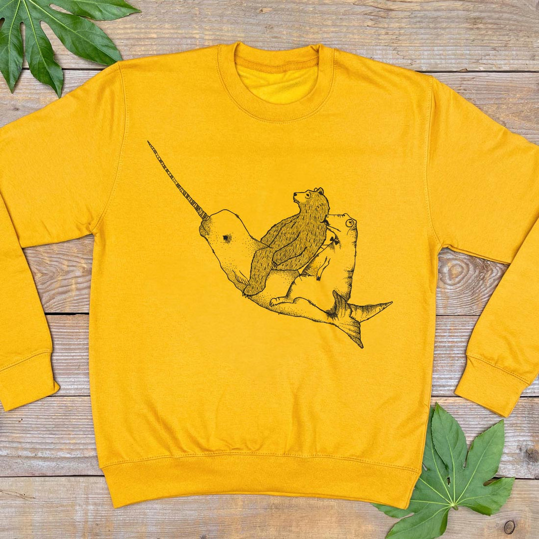 BEAR AND DINO RIDING A NARWHAL JUMPER