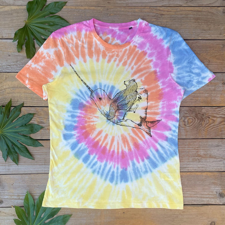 tie dye tee with narwhal, bear and dinosaur