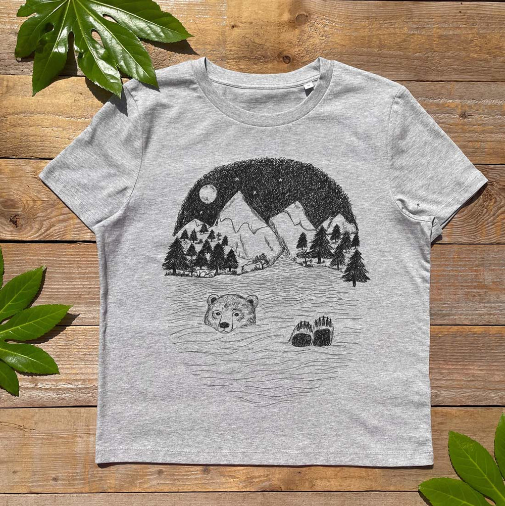 bear swimming in mountains grey tee
