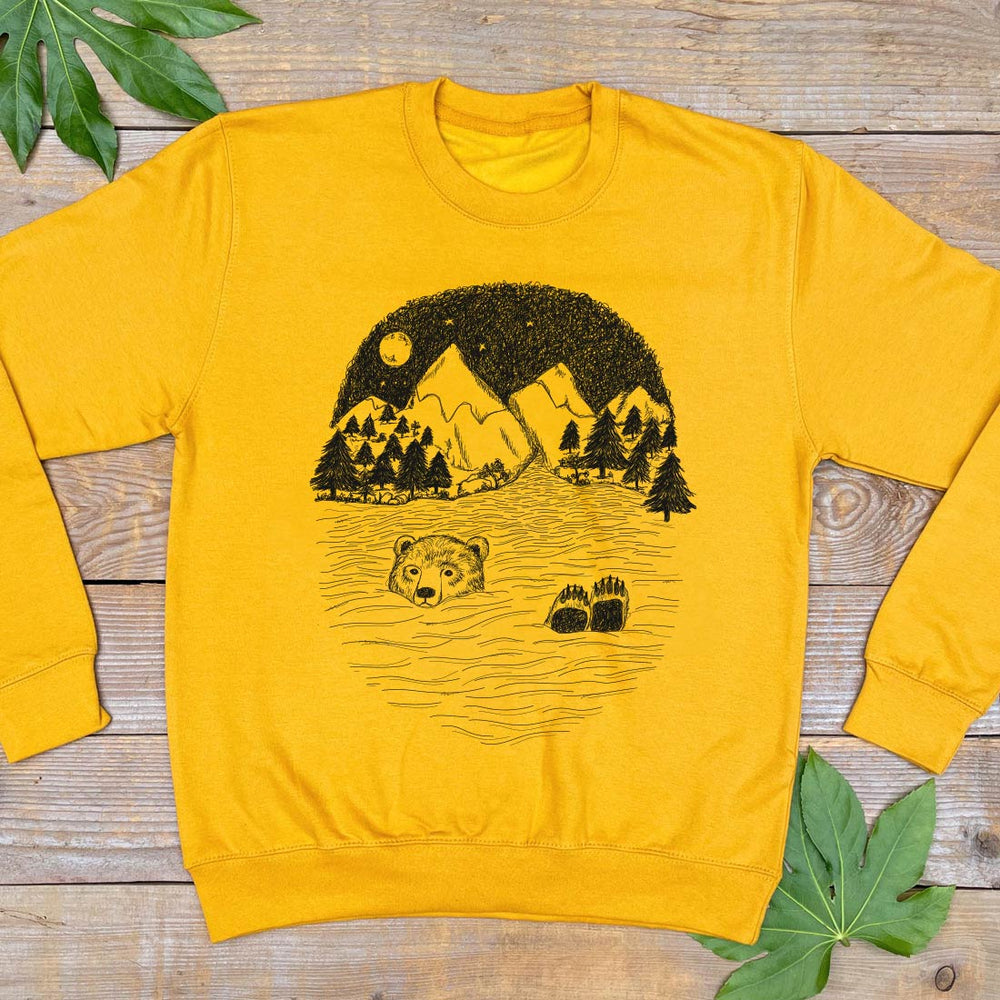 mustard jumper with bear swimming
