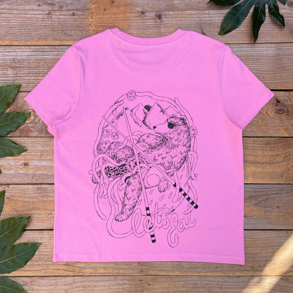 pink tee with bear and noodles design