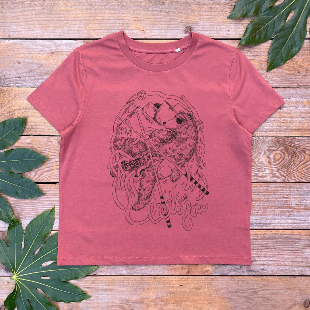 brown womens tee with bear and noodles