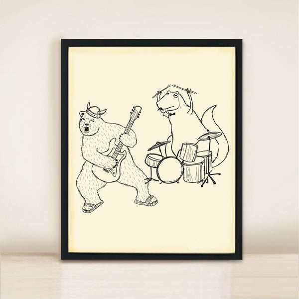 rock bear playing guitar wall poster