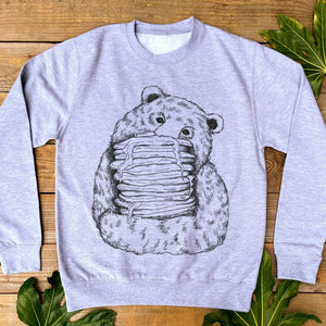 bear and pancakes printed on a grey jumper