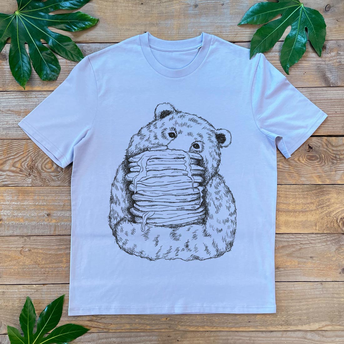 bear and pancakes on a lilac tshirt