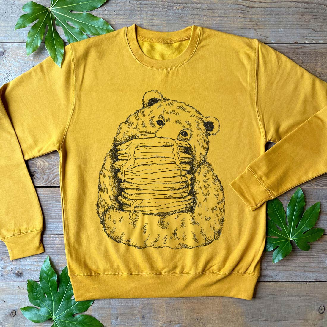 bear and pancake stack mustard jumper