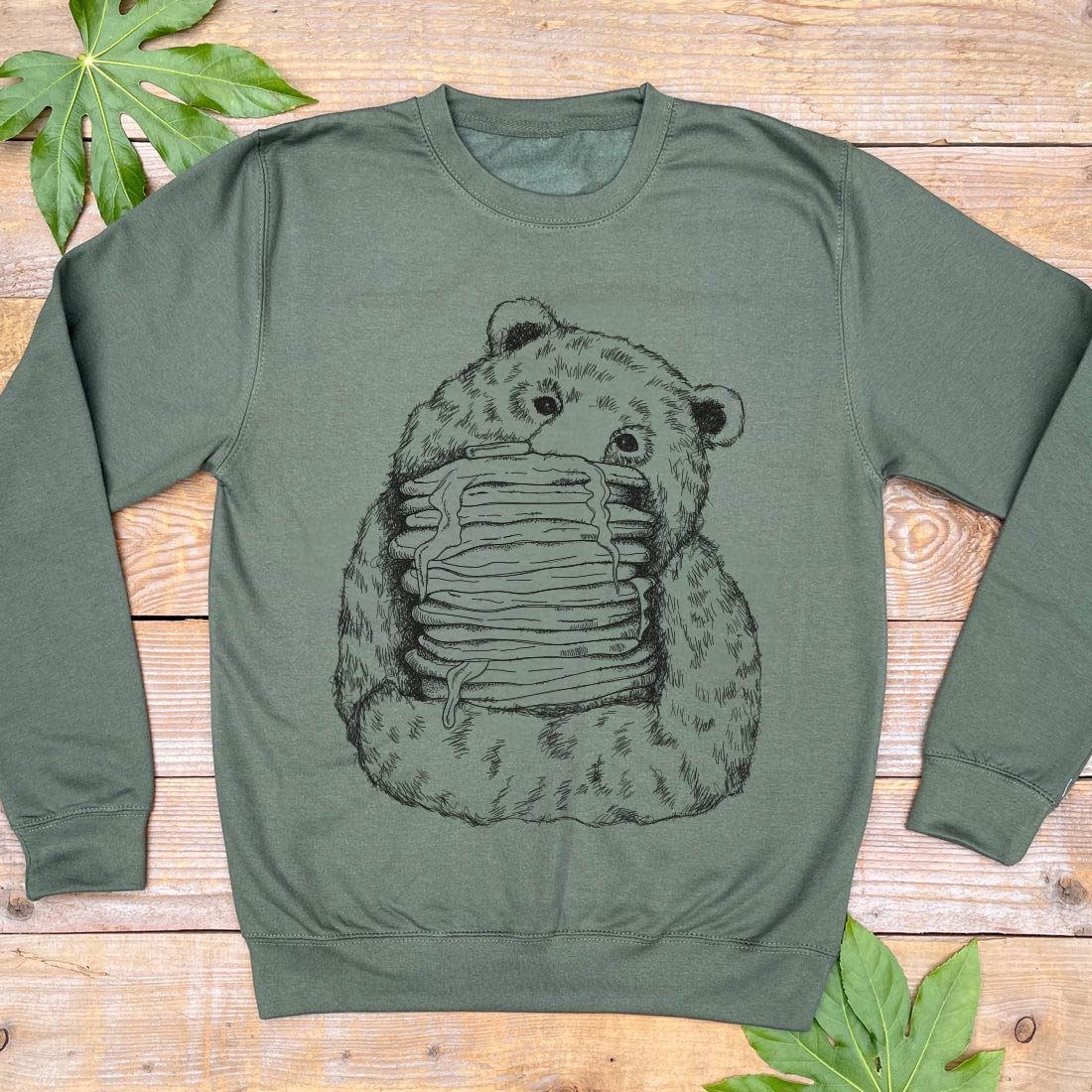 bear and pancakes print on khaki jumper