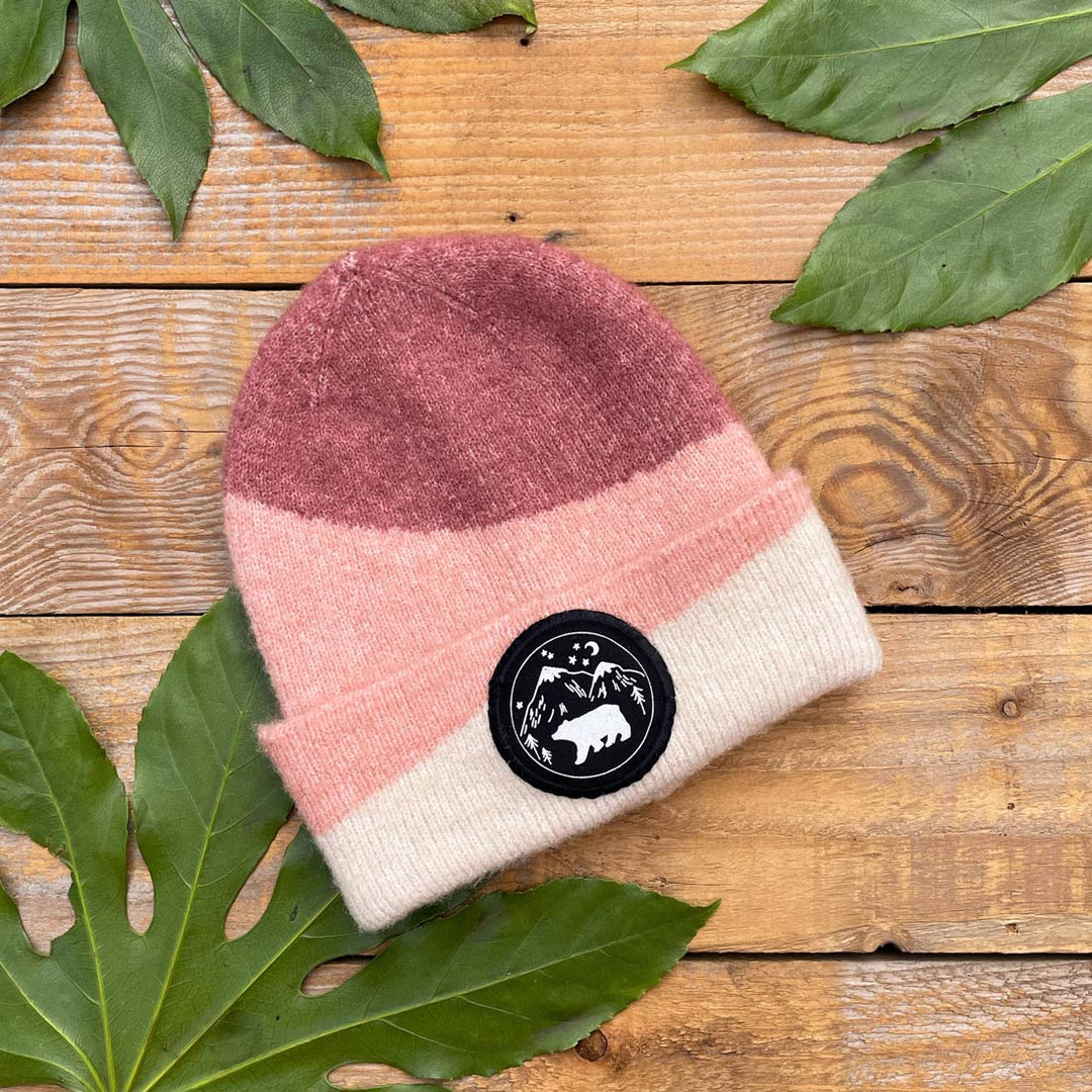 PINK BEANIE HAT WITH BEAR PATCH