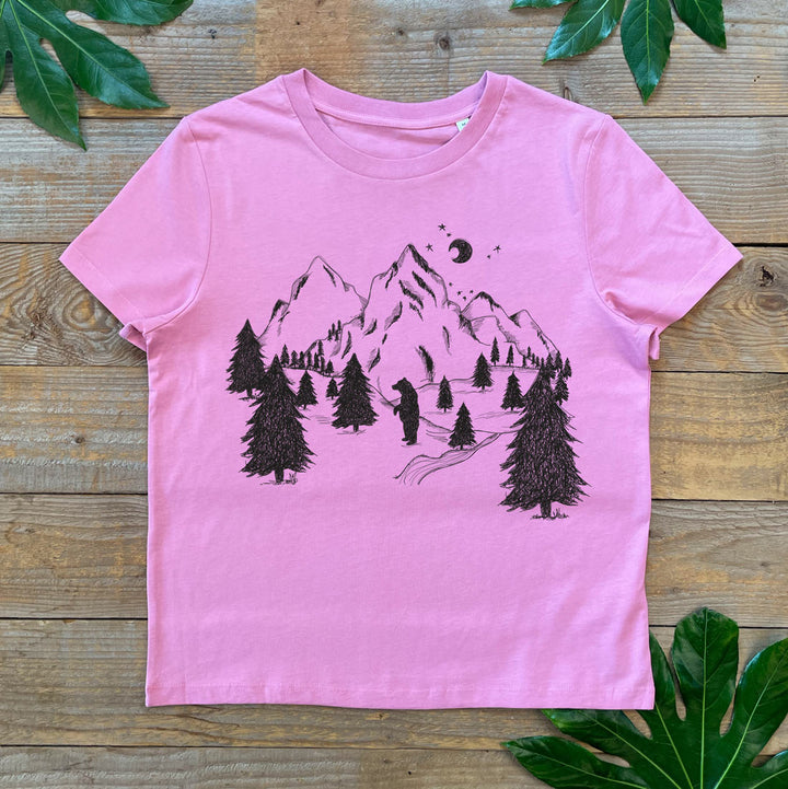bear and mountains pink tee