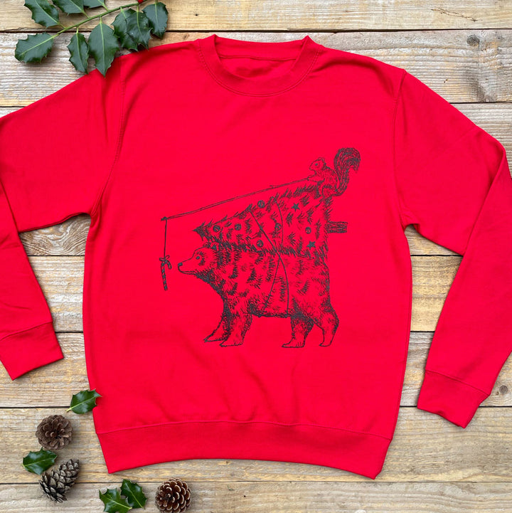 red christmas jumper with squirrel and bear