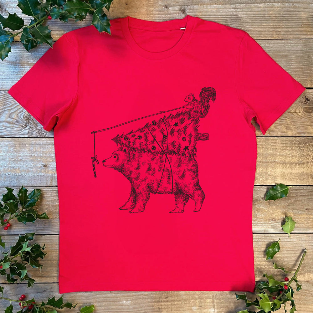 red tee with bear carrying xmas tree
