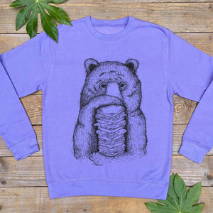 purple jumper with sandwich and bear