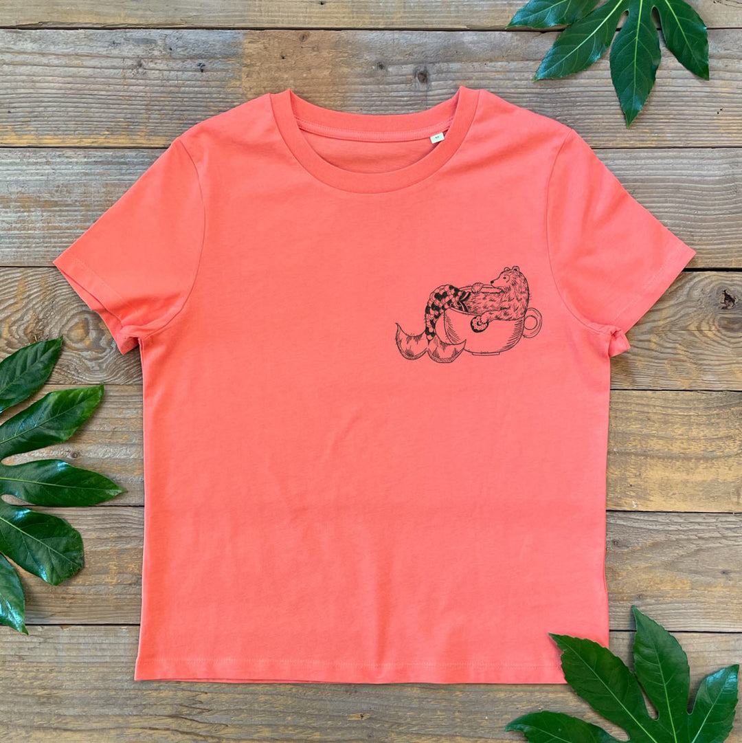 womens orange tee with mermaid bear design