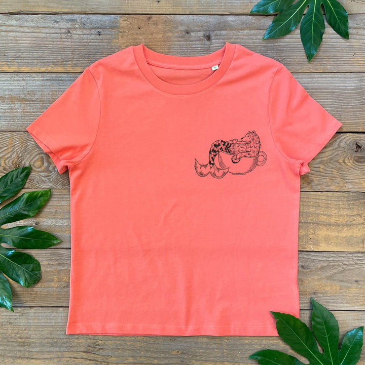womens orange tee with mermaid bear design