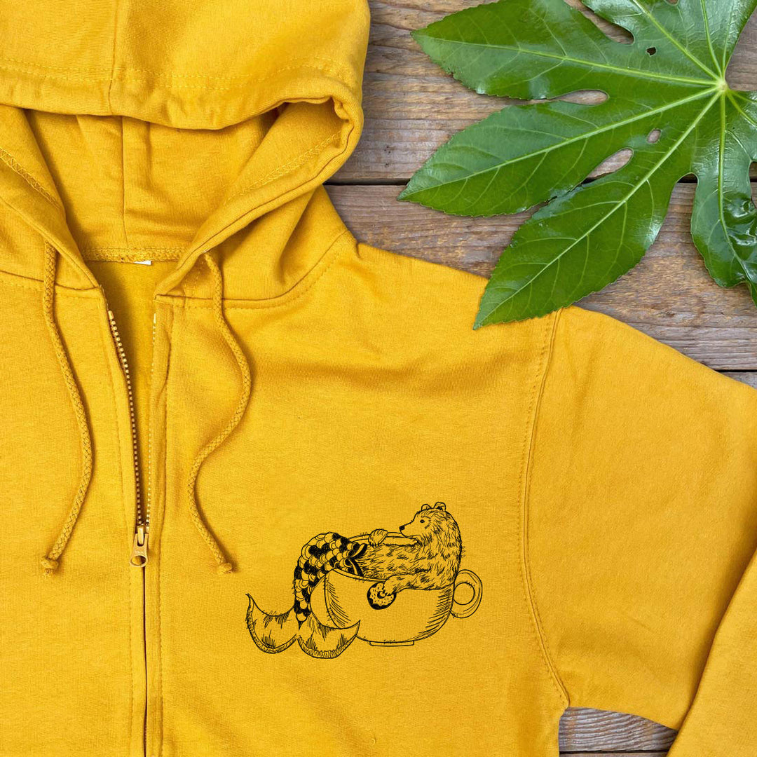 mer bear in a cup mustard colour hoodie