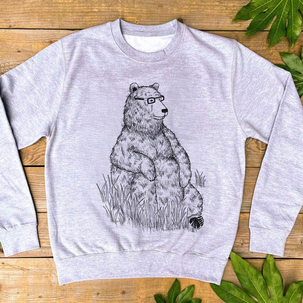 grey sweater with bear sitting