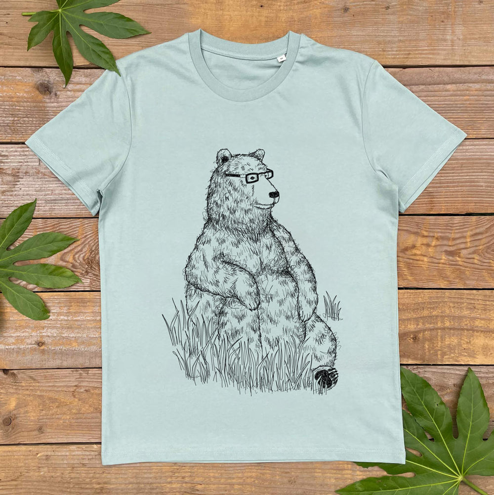 mint tee with bear sitting wearing glasses