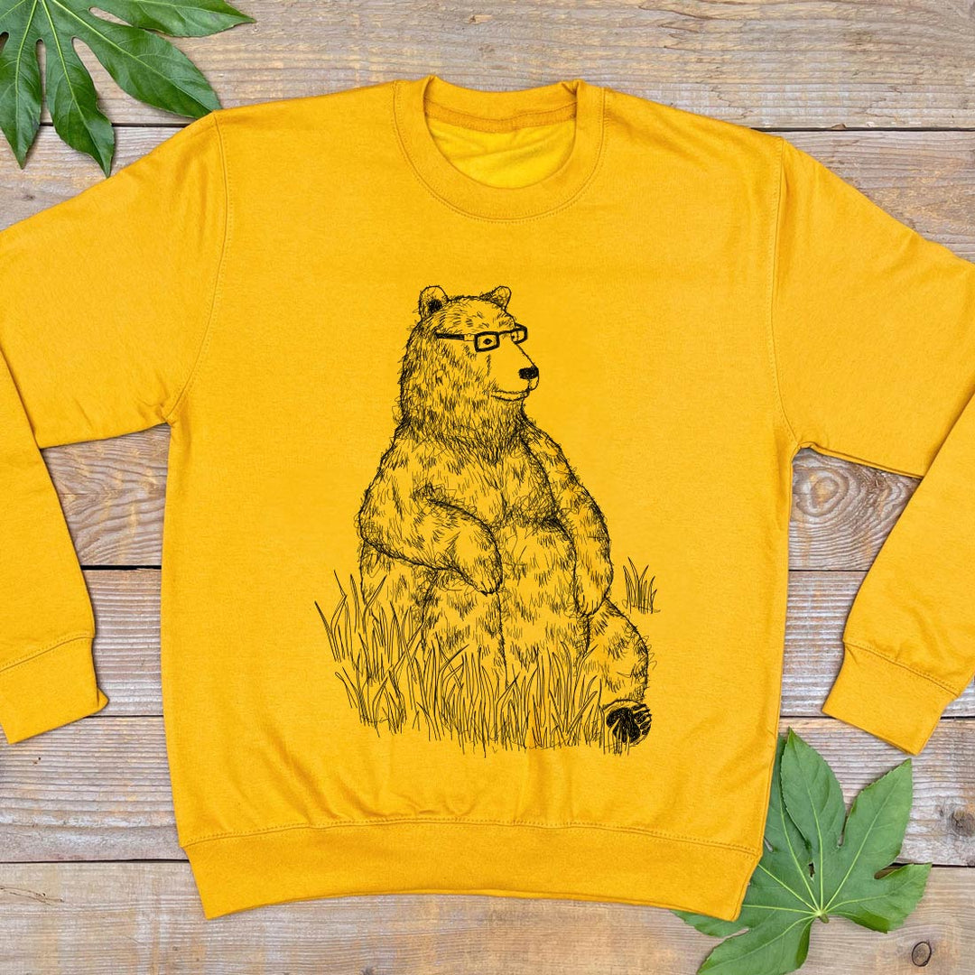 bear sitting wearing glasses jumper