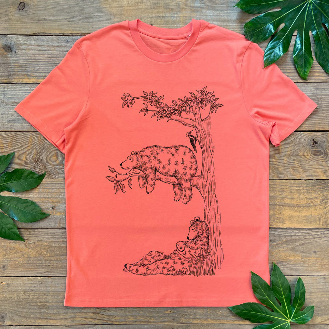 bears sleeping design on coral tshirt
